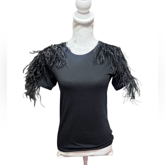 DELFI COLLECTIVE Black Feather Shoulder Detail Tee Top Size XS - Picture 2 of 6